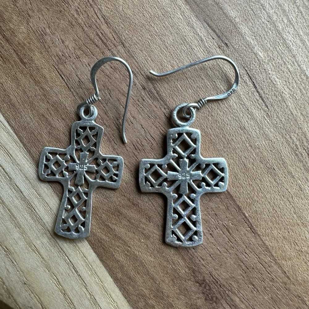Vintage Hook Dangle Cross Earrings 1.5 Inch Openwork Filigree 925 Sterling 3.4g